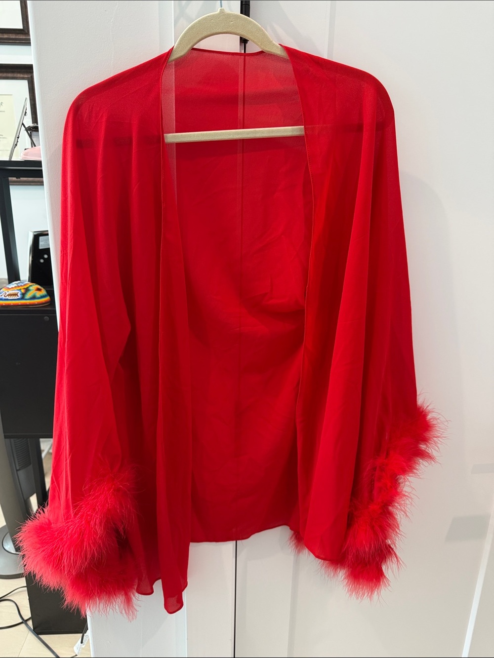 Red Feather Trim Sheer Kimono
